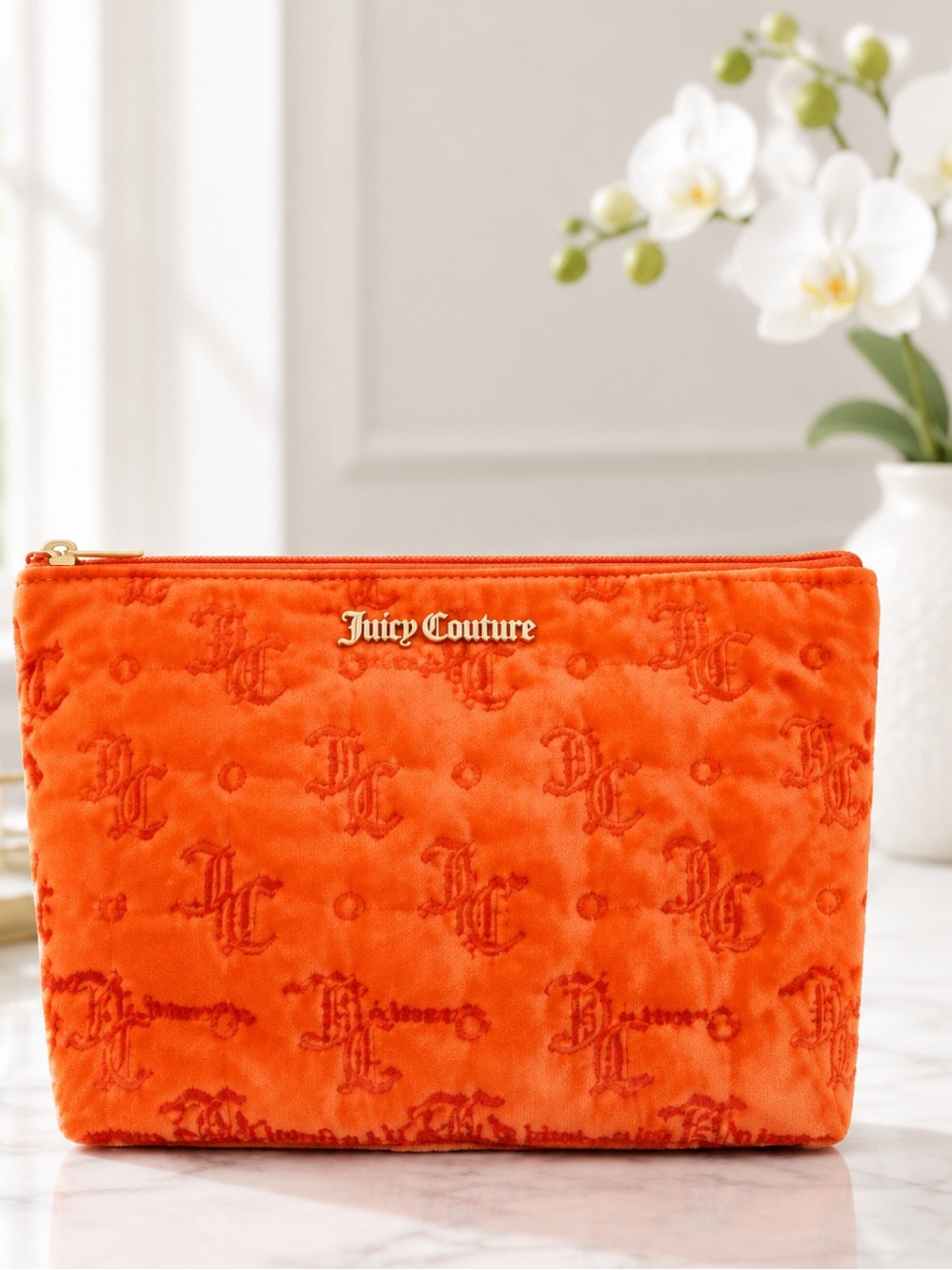 Juicy Couture Bright Orange Quilted Cosmetic Pouch LARGE 11 x 7.25”